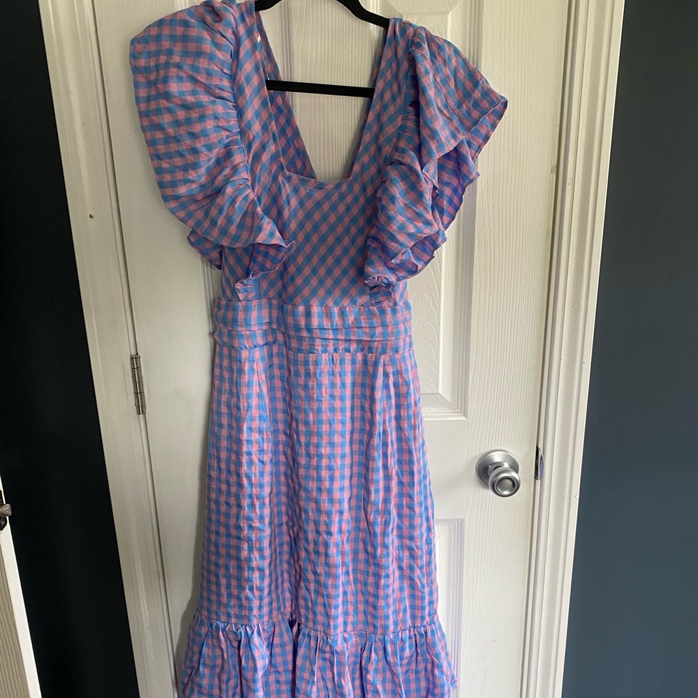 Blue and pink plaid midi dress